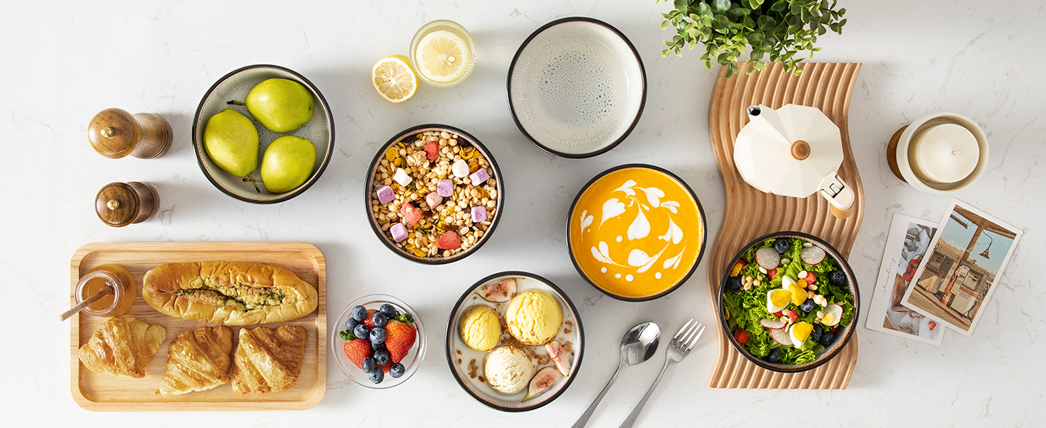 Набір посуду Vancasso AMBER на 12 осіб, 48 предметів: тарілки обідні, десертні, супові, миски. Реактивна глазур, жовтий. Підходить для мийки посуду