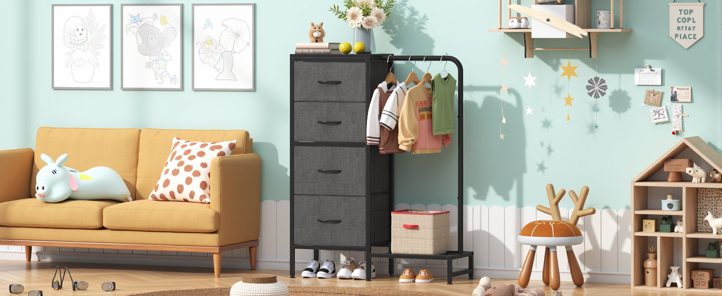 Комод 111 см з 4 висувними ящиками з тканини, шафа для одягу, комод для спальні, вітальні, передпокою, сірий (30T x 76.5B x 111H см)