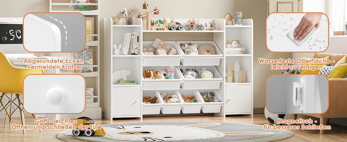 FOREHILL Дитяча полиця з 8 ящиками, дитячий шафчик, полиця для книг для дітей, органайзер для зберігання в дитячій кімнаті, меблі з іграшковою коробкою, 138,8 x 94,3 x 29,6 см, білий