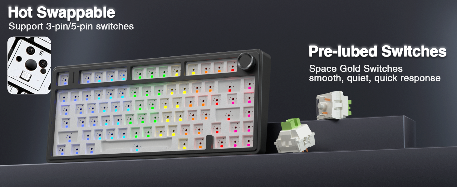 Механічна клавіатура AULA F75 PRO для геймінгу: бездротовий підключення 2.4GHz/BT5.0, Hot-Swap, QWERTY, сірий колір з градієнтом, 75%