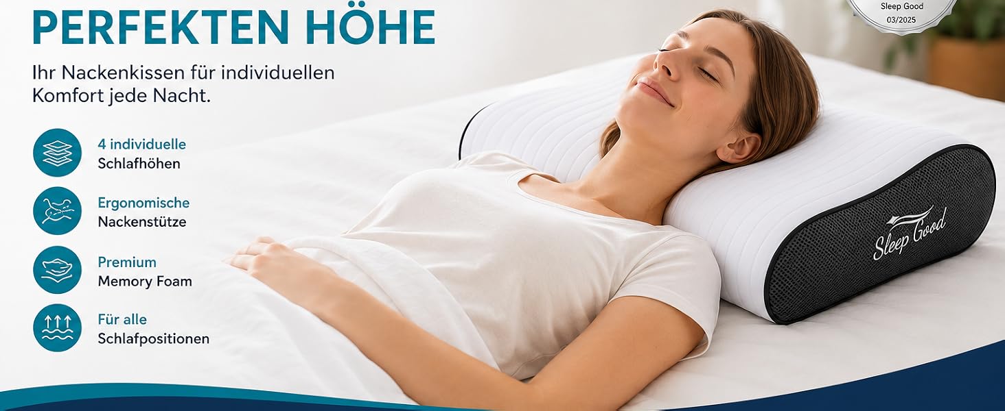 Ергономічна подушка для шиї Sleep Good з ефектом пам'яті (Memory Foam), регульована по висоті, для сну на боці та спині, зі знімним чохлом