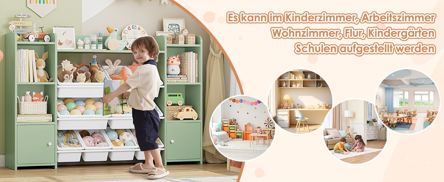 FOREHILL Регульована полиця для іграшок з 8 ящиками, дитячий шафка, книжкова полиця для дітей, меблі для дитячої кімнати з ящиком для іграшок, 138,8 x 94,3 x 29,6 см, білий (зелений)