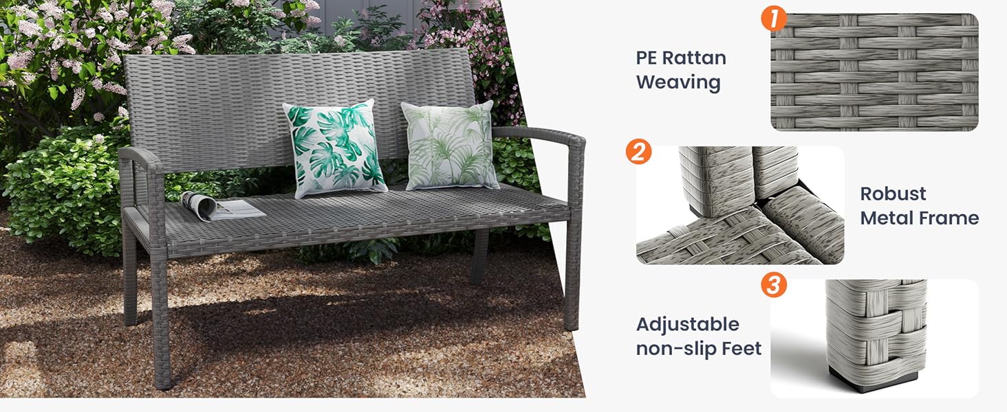 Садова лавка з поліротангу UDPATIO для тераси, балкону та саду (123x63x86 см, сіра). Міцна (до 320 кг) з спинкою та підлокітниками