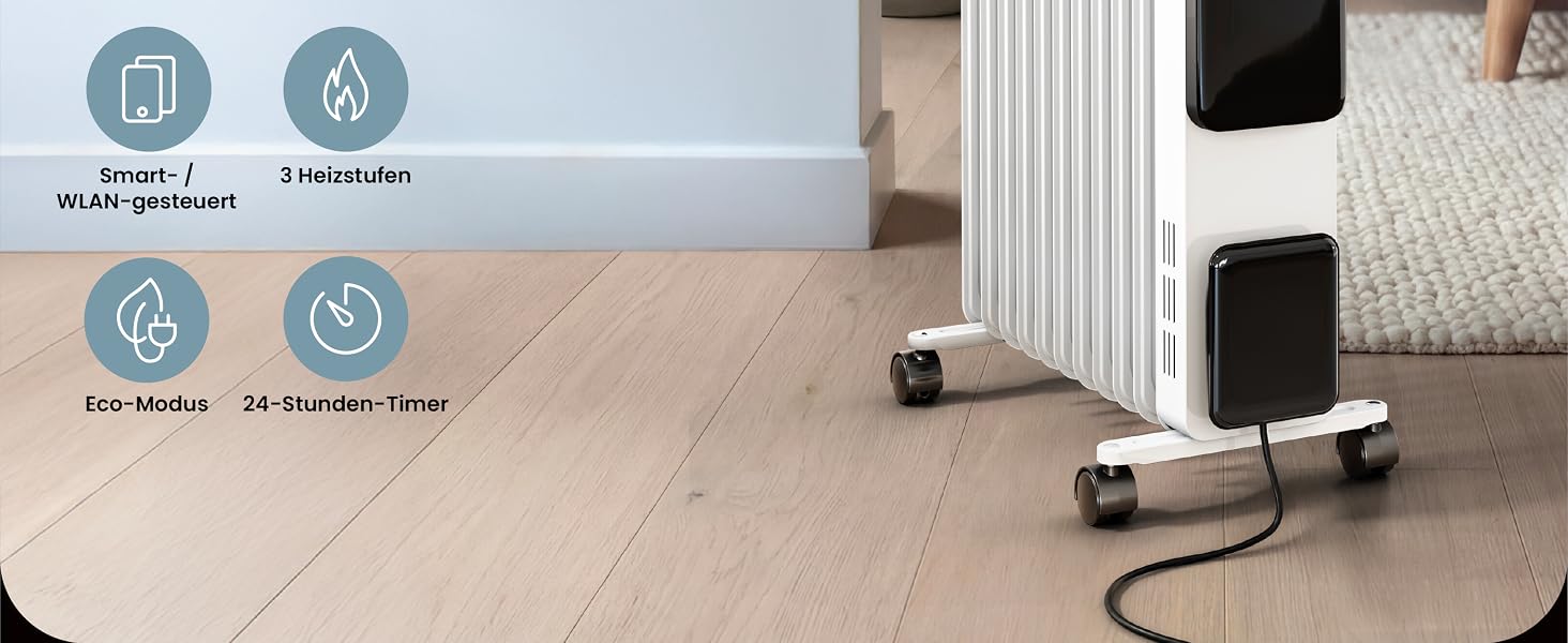 Розумний електричний масляний радіатор Pro Breeze 2500W, 11 секцій, керування через WLAN/App, з термостатом, таймером на 24г та сенсорним дисплеєм, білий