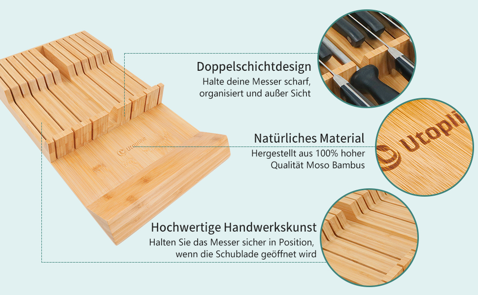 Бамбуковий органайзер для кухонних ножів з висувним ящиком, тримач для ножів для стейка з великою ручкою, без ножа, відповідний за розміром