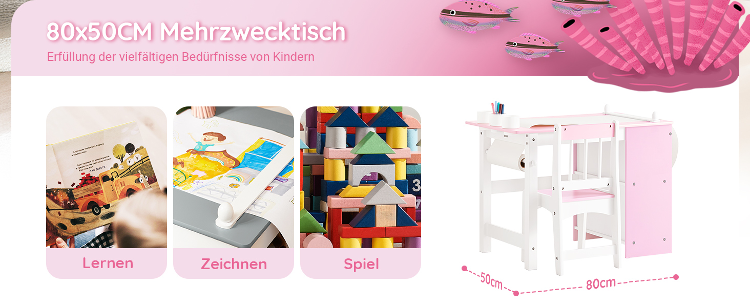 Дитячий стіл SoBuy з табуретом, комплект меблів для дитячої кімнати, ігровий та навчальний стіл для дітей, рожевий (80x66x50 см)