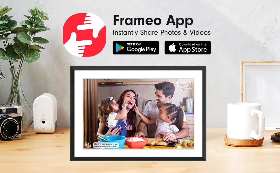 Цифровий фоторамка FRAMEO з Wi-Fi, 32GB, 10.1 дюйма, сенсорний екран, автоповорот, датчик руху, Frameo App для обміну фото з будь-якого місця