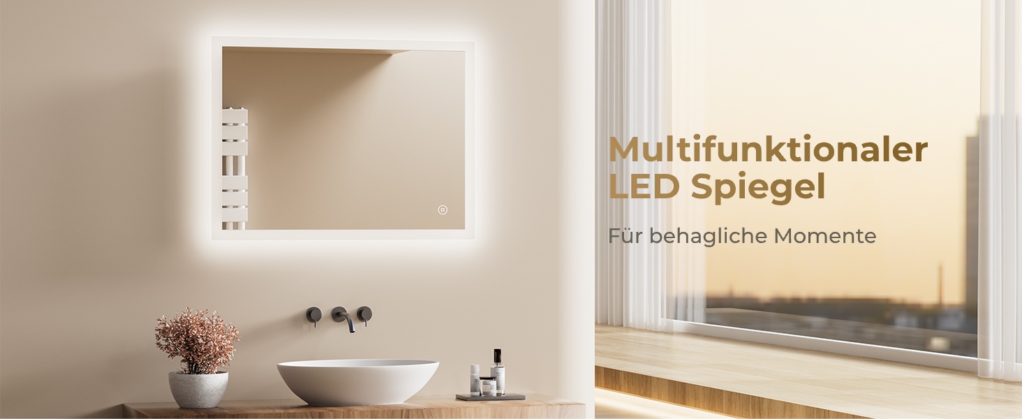 Дзеркало для ванної кімнати з підсвічуванням LED, 70x50 см, регульоване світло 6500K, сенсорне керування, вертикальна/горизонтальна установка