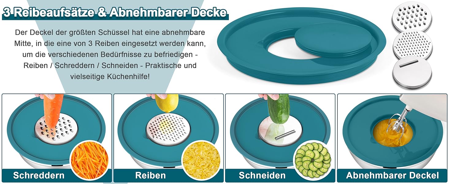 Набір мисок HaWare 6 шт. з нержавіючої сталі з кришками та тертками, 4.6/2.8/2.5/1.6/1.2/0.7 л, силіконове дно, миючі в посудомийній машині