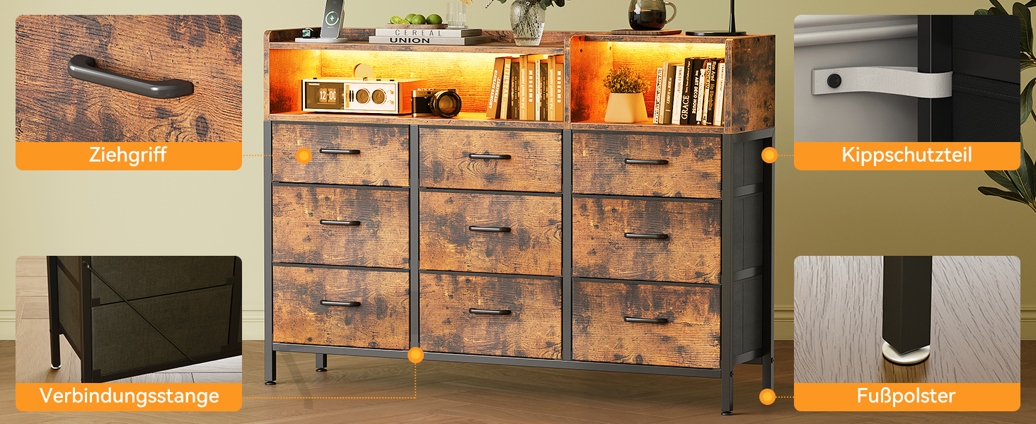 Комод ODK з шухлядами, 2 розетки, 2 USB, 10 LED-смужок, полиця-стільниця, 9 тканинних шухляд, чорний (ретро стиль), 130x30x97 см