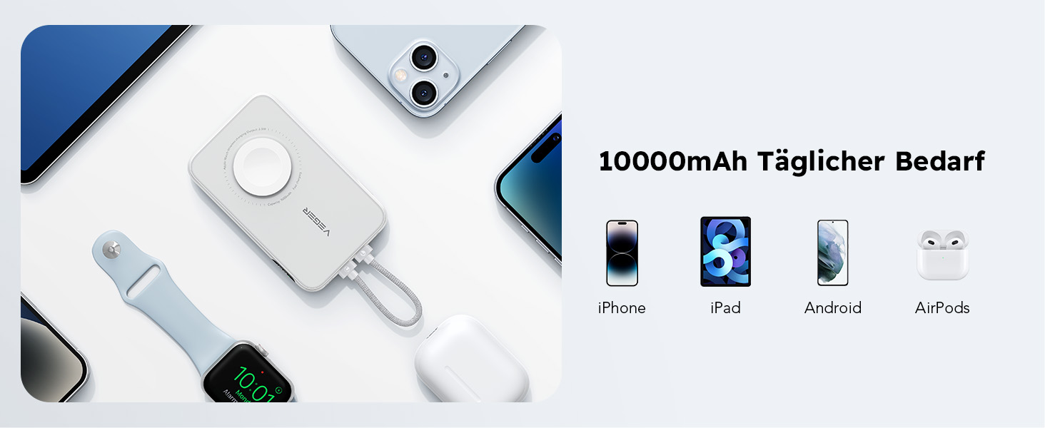 Зарядка, LED дисплей, білий, 20W PD, 10000mAh, USB-C, Apple Watch