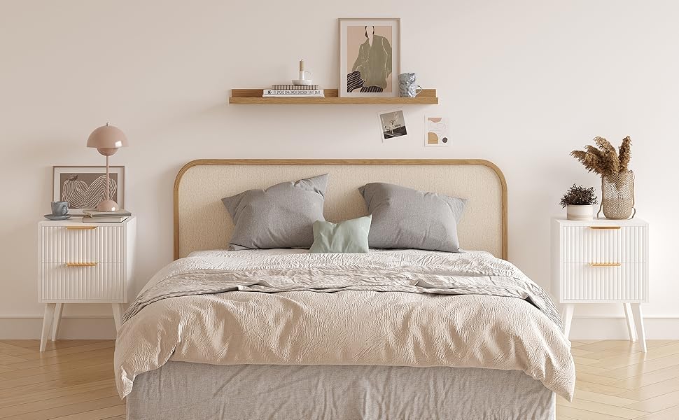 Журнальний столик з ротангу, дерев'яний приліжний столик з 2 висувними ящиками, декорованими ручною роботою з ротангу, бохо-столик, столик для вітальні/спальні з місцем для зберігання, для дому, природа, DECTG59Y (рефлений-білий)