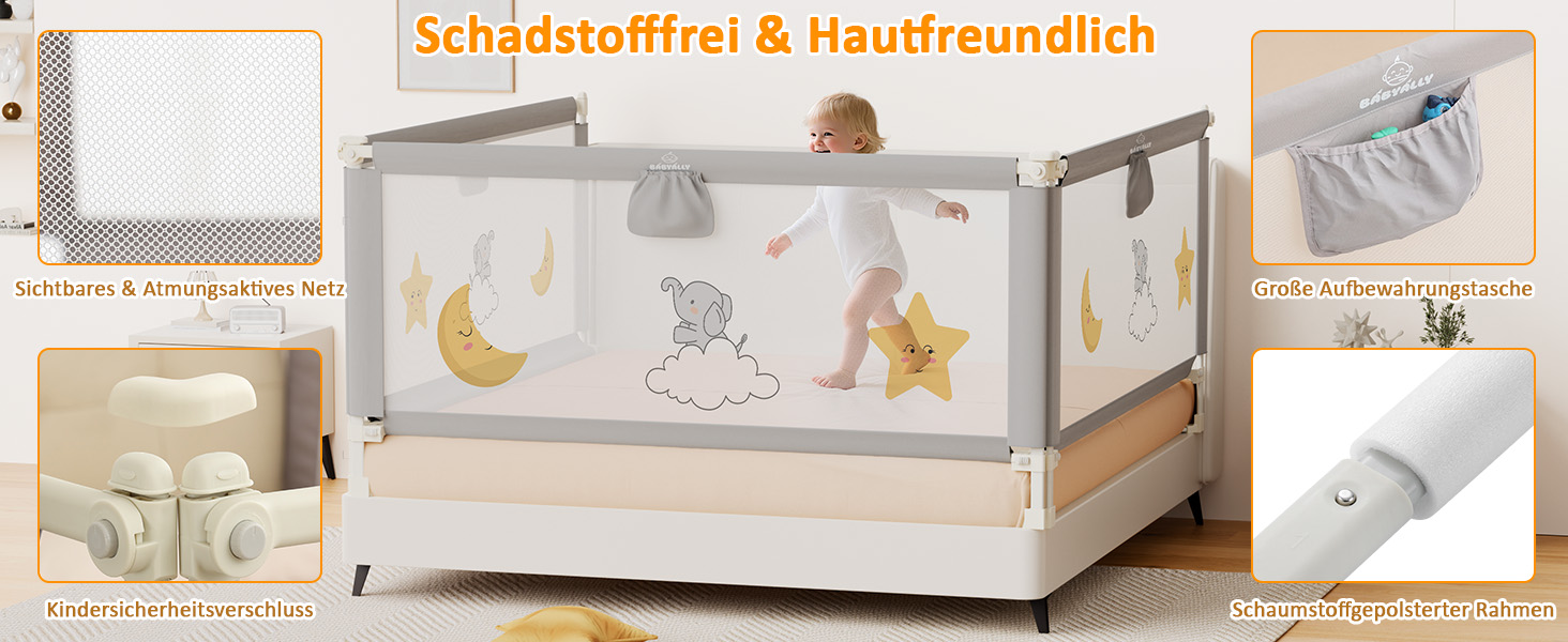 Бортики для ліжка дитячі 3 шт. (2x200 см + 1x180 см) складані, захист від випадання, малюнок - слоники