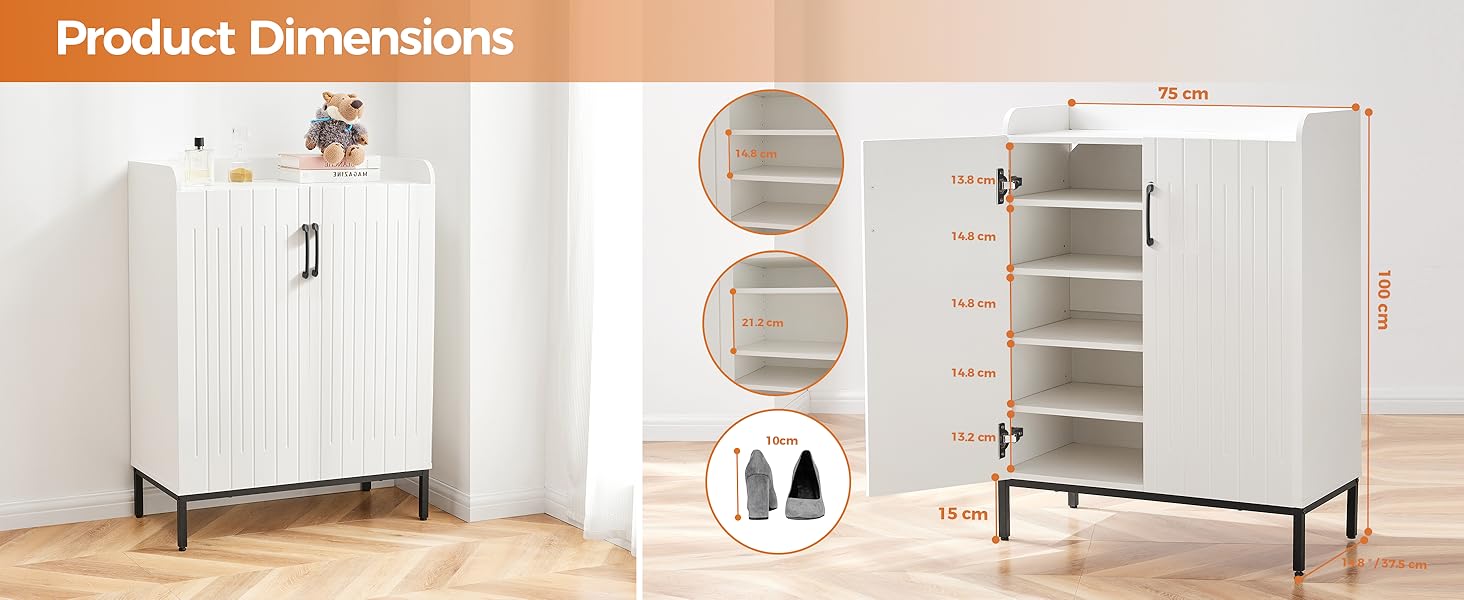 Шафа для взуття 5-ярусна в стилі ф armhouse з 2 дверцятами, самостійна шафа для взуття з регульованими полицями та металевими кутовими прикрасами для передпокою та коридору, білий, білий, білий (сучасний білий, білий)