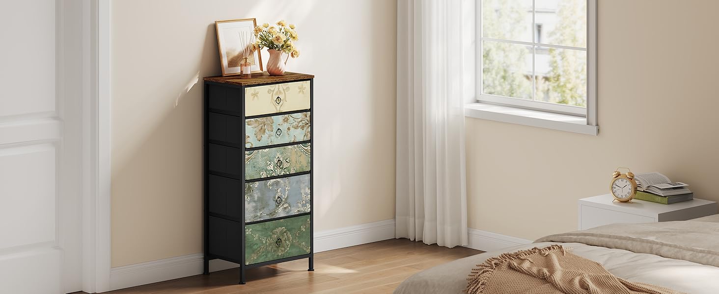 Комод WOLTU з 5 висувними ящиками з тканини, шафа-комод, тумбочка, для спальні, вітальні, коридору, з металевим каркасом та ДСП, SSK004whe (Рустичний коричневий + чорний + вінтажний квітковий мотив, 1)