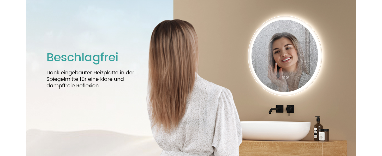 Дзеркало для ванної кімнати EMKE з підсвічуванням, 50 см, кругле, з регулюванням яскравості, 3 кольори світла, антизапарник, сенсорне управління, пам'ять налаштувань, матовий край, 50x50 см