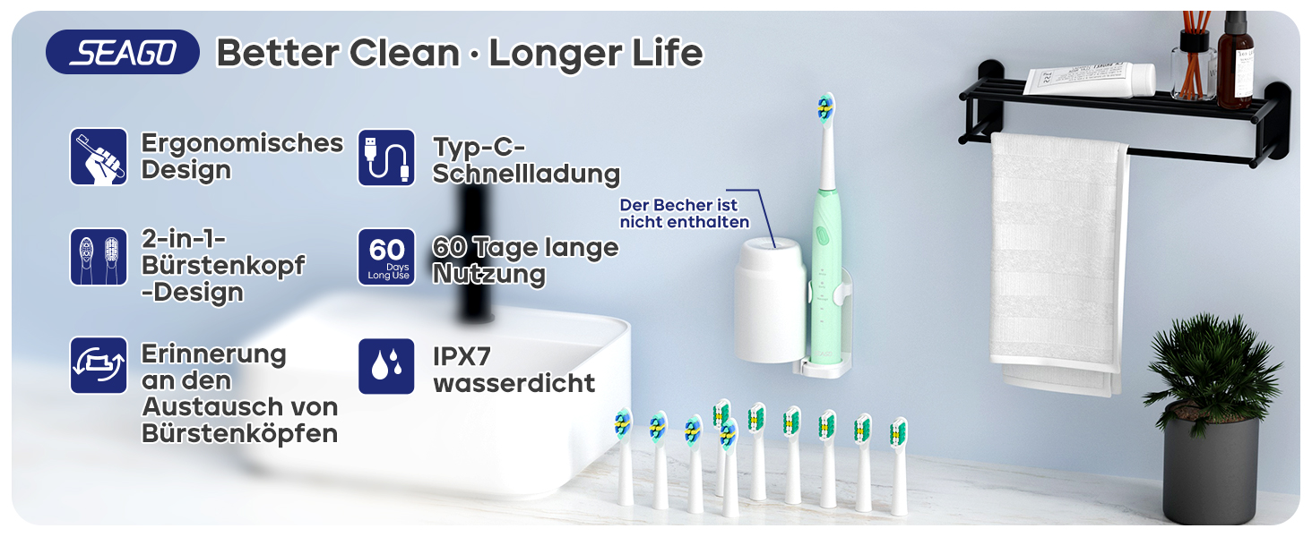 Електрична зубна щітка Seago SG-2316 (зелена) з 10 насадками, тиха, для подорожей, з тримачем та кейсом, ультразвукова, акумулятор 60 днів, таймер для дорослих