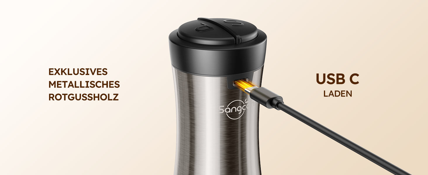 Електричний набір млинків для солі та перцю 2 в 1 Sangcon, USB-зарядка, автоматичний помол однією рукою, керамічні жернова з підсвічуванням, колір Metallic Gunmetal
