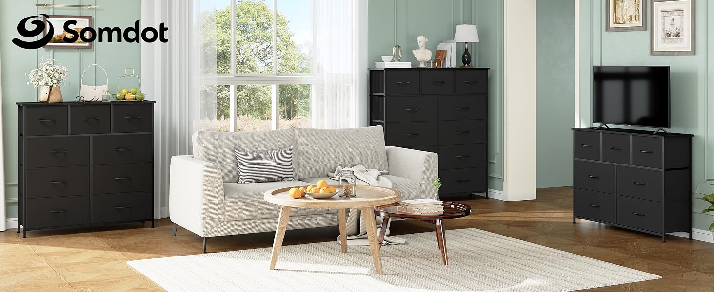 Комод Somdot з висувними ящиками, тканинний комод, комод для спальні, вітальні, передпокою, шафа для зберігання, 5 тканинних ящиків, білий колір (чорний, 30T x 100B x 96.5H см (9 ящиків))