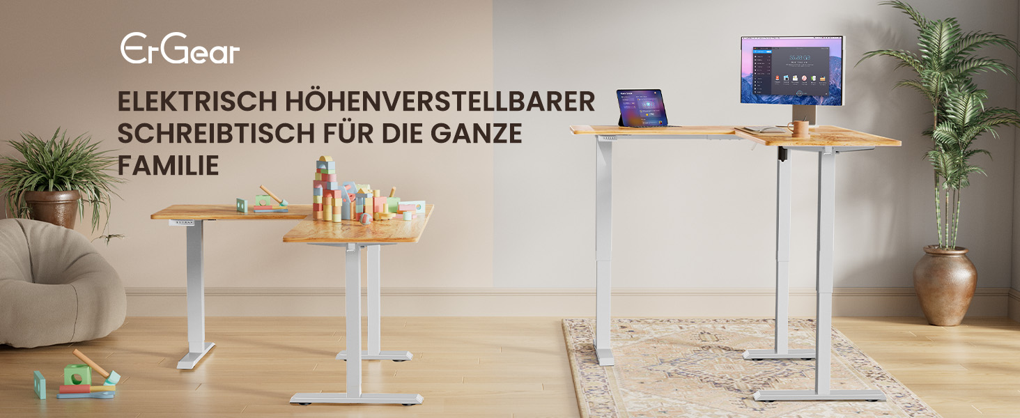 Електричний кутовий стіл ErGear з регулюванням висоти, 160 x 140 см, білий, з індивідуальним мотором та 4-ма пам'ятями