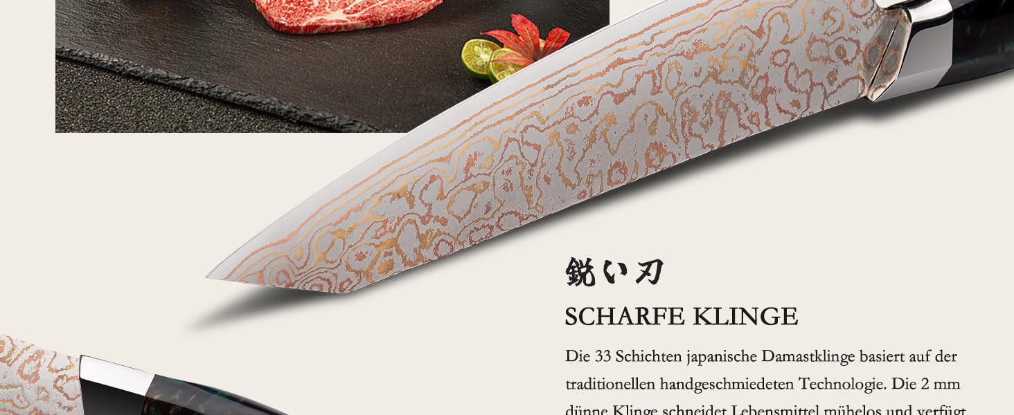 Ніж кухарський SHAN ZU з дамаської сталі з мідним лезом, ручне кованість, японський ніж, 33 шари дамаської сталі, професійний ніж для кухні 20 см, серія VENUS, ніж кухарський з міддю 20 см