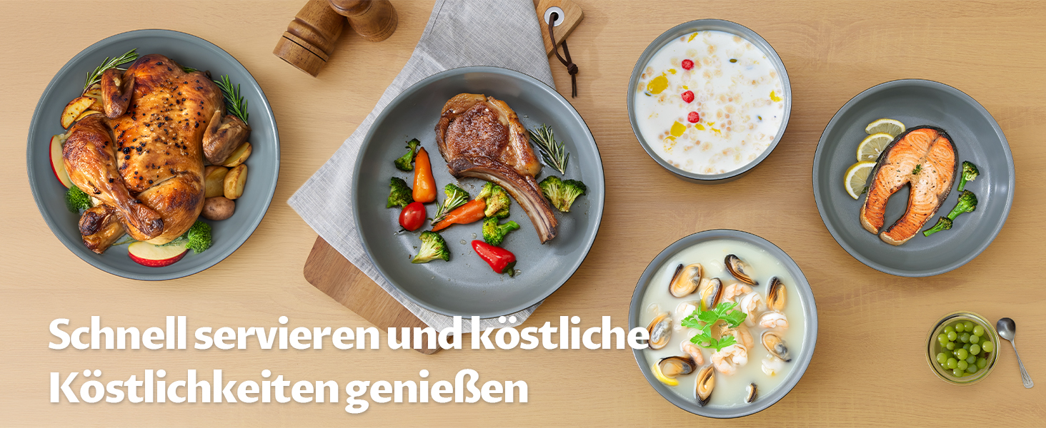 Набір антипригарних сковорідок BEZIA з суцільними ручками, для всіх плит, стакельне виконання, придатні для миття в посудомийній машині та духовці, без PFAS (сірий)