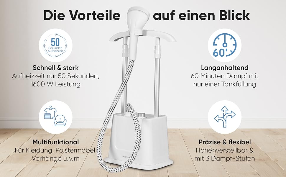 Clatronic® Вертикальний відпарювач | Швидкий старт | Знімний резервуар 1,2 л | До 60 хв. роботи | 1600 Вт | Відпарювач | 3 режими | Для делікатних тканин | TDC 3809 білий