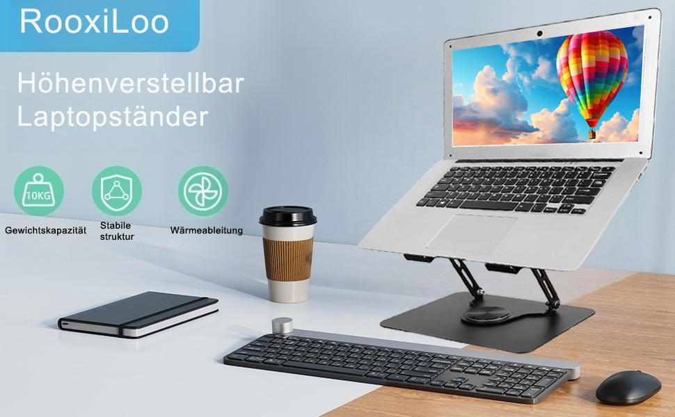 Підставка для ноутбука з регулюванням висоти та поворотним підставою 360°, ергономічна, вентильована, чорна (10-17 дюймів)