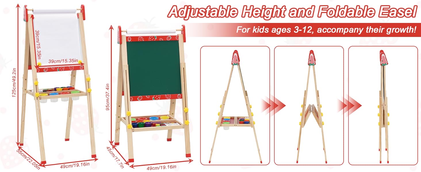 Дитяча мольберт Kinder Staffelei 3 в 1: регульована висота, подвійний бік, з рулоном паперу, 100+ аксесуарів для малювання, для дітей 3-8 років (червоний)