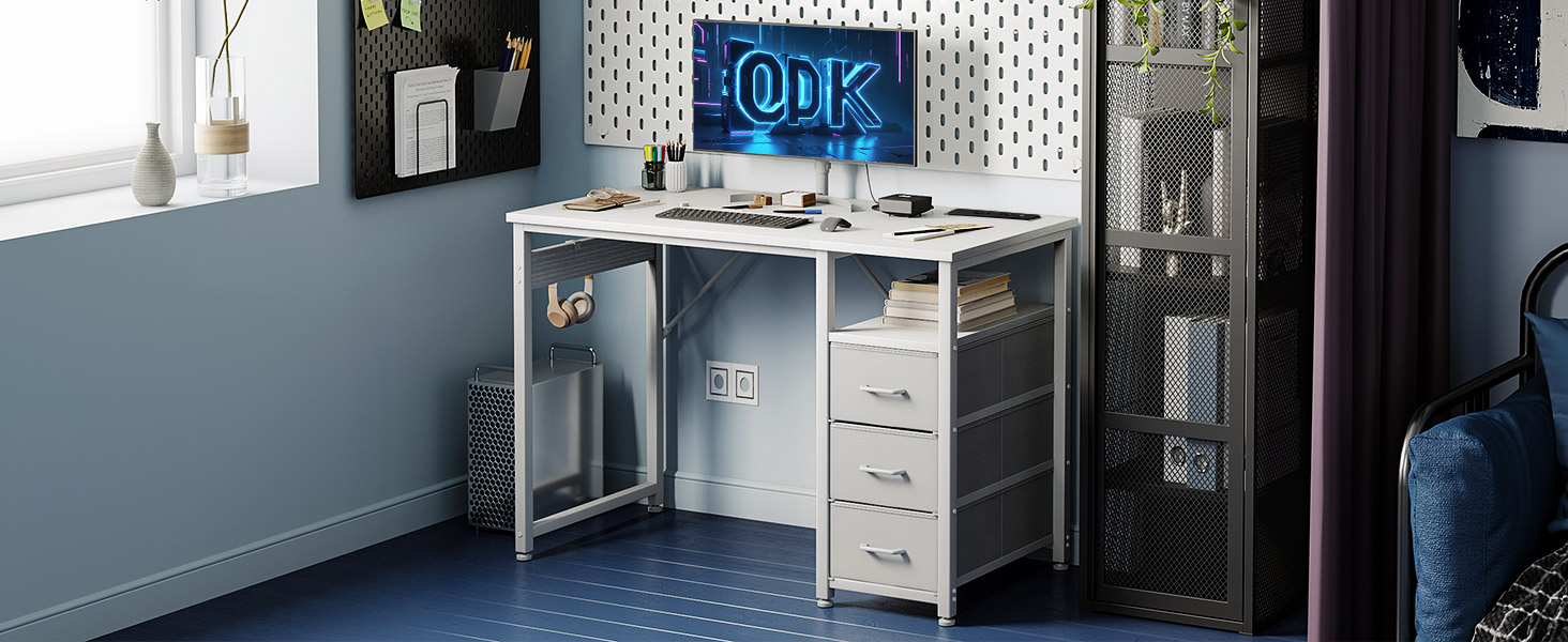 Комп'ютерний стіл ODK з 3 висувними ящиками, 100x48x75.5 см, з розетками та USB, білий. Перевертається, для дому та офісу
