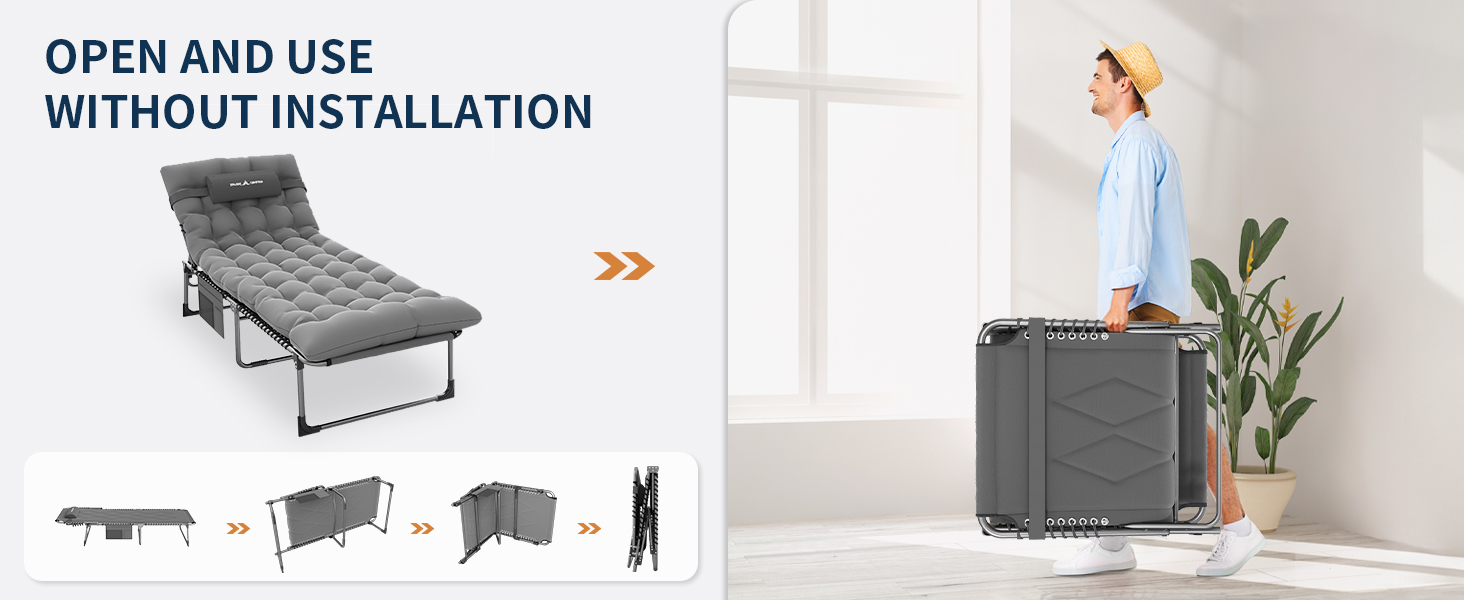 Розкладне ліжко для кемпінгу UDPATIO: зручне ліжко для відпочинку на природі з регульованою спинкою, сіре