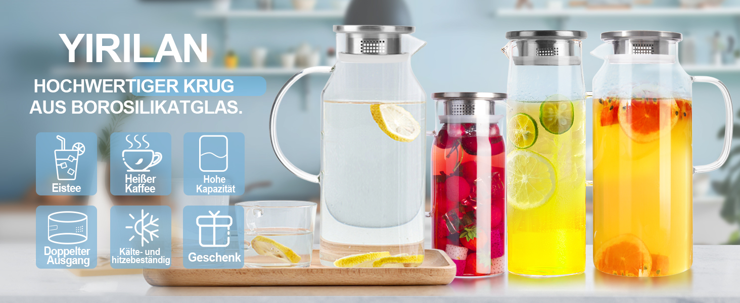 Скляна карафа Yirilan 1.5L з кришкою, 51 унція, для води, 2L
