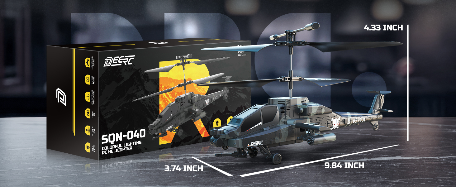 Радіокерований вертоліт DEERC Apache 2.4GHz, 2 акумулятори, 26 хв польоту, LED, стабілізація висоти, автоматичний зліт, чорний – ідеальний подарунок для хлопчиків