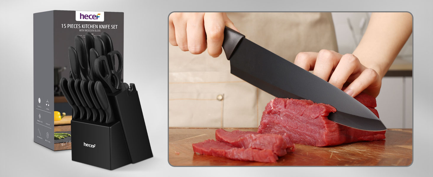 Набір кухонних ножів Hecef 15 предметів з бруском, чорний, з антипригарним покриттям, можна мити в посудомийній машині, самозаточуваний брусок, ергономічні ручки, кухонний набір ножів для початківців та кулінарів-ентузіастів
