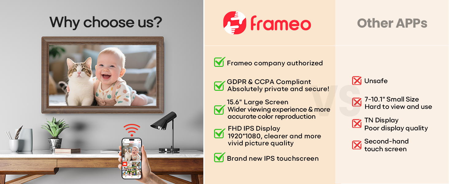 Цифровий фоторамка Frameo 10.1 дюйма з Wi-Fi, сенсорний IPS екран HD 1280*800, 32GB пам'яті, автоповорот, підтримка Frameo App для зручного обміну фото та відео, корпус з дерева (15.6 дюймів)