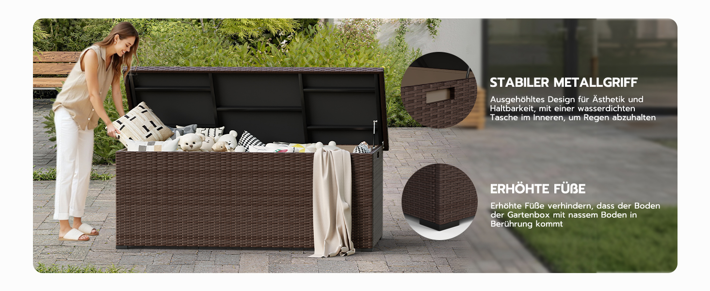 Водонепроникний садовий ящик Amopatio Gartenbox 650л з поліротангу для подушок, металевий з газовими амортизаторами, для саду та балкону, коричневий