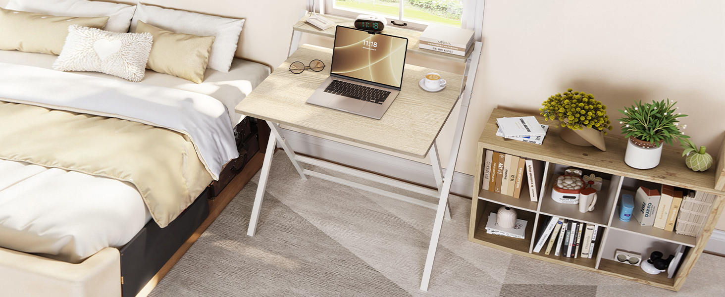 Зкладний стіл Yaheetech 80 см для комп'ютера з полицею, двоярусний робочий стіл з підставкою для монітора, стіл для ноутбука для дому/маленьких кімнат/вітальні, білий/80 см x 50 см, білий (світле дерево)