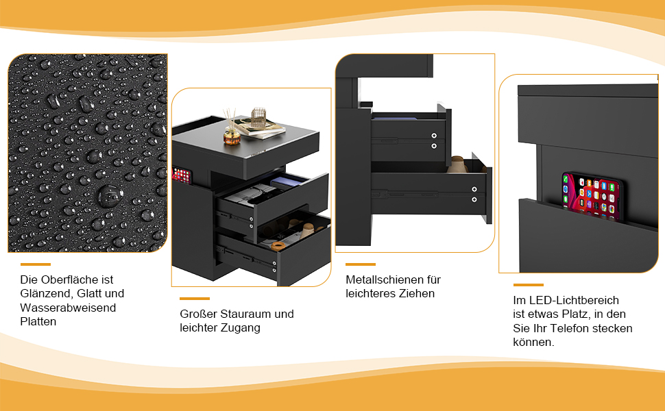 Тумбочка Lvhcmfohm з розеткою, LED, 3 ящики, приховані розсувні шафи, 45x40x67см, Black