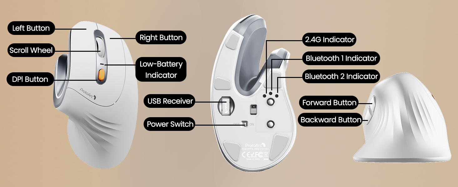 Вертикальна миша ProtoArc EM11 NL: бездротова, з підзарядкою, для 3 пристроїв (Bluetooth+USB), чорно-зелена