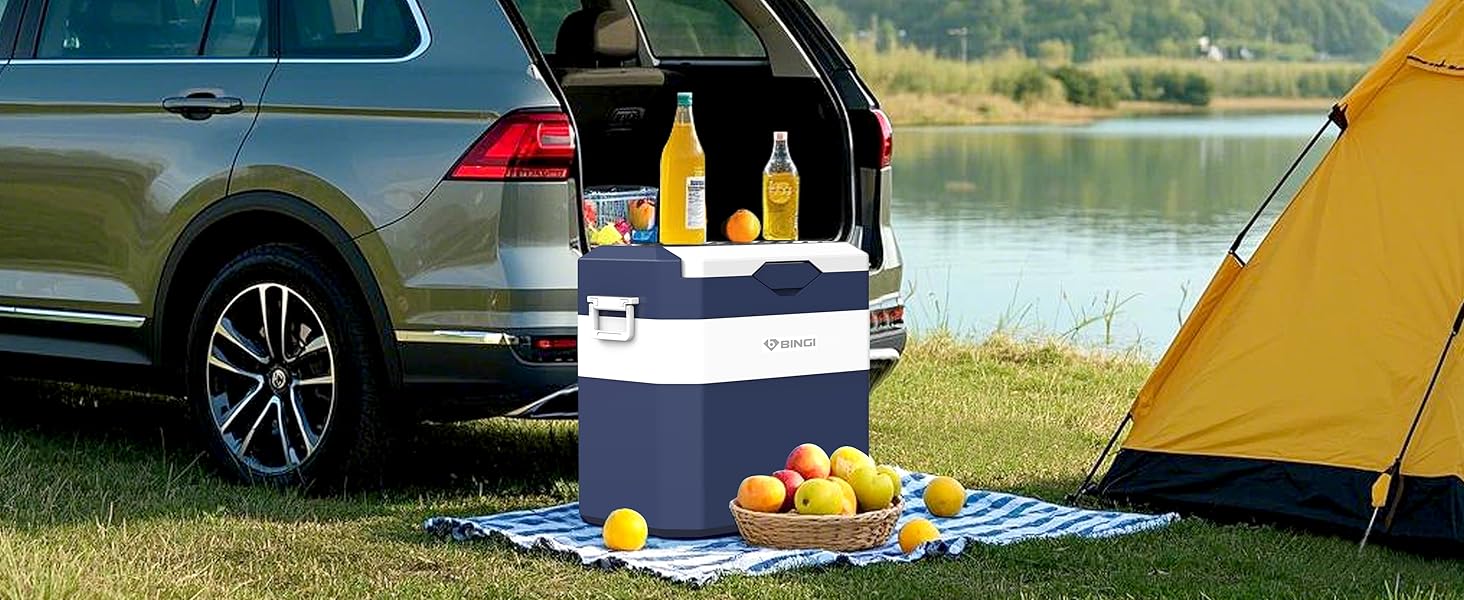 Автохолодильник BINGI 18л портативний 12/24V, 230V з функцією морозильника (-18°C до 15°C) для авто, кемпінгу, дому (синьо-білий)