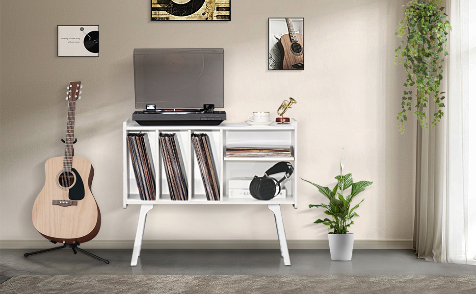 Підставка для програвача LELELINKY з 4 полицями для 220 альбомів, міцна дерев'яна конструкція, стіл Mid-Century, біла полиця для зберігання вінілу