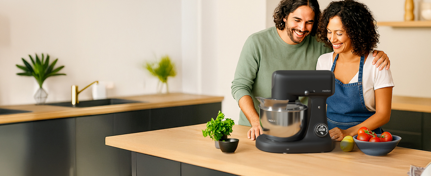 Кухонна машина MEDION MD12600: м'ясоподрібнювач, 4.6л чаша з нержавіючої сталі, тихий DC-двигун, 800 Вт, набір дисків для тертя, шинкування та нарізання, сенсорний дисплей, міксер, тістоміс