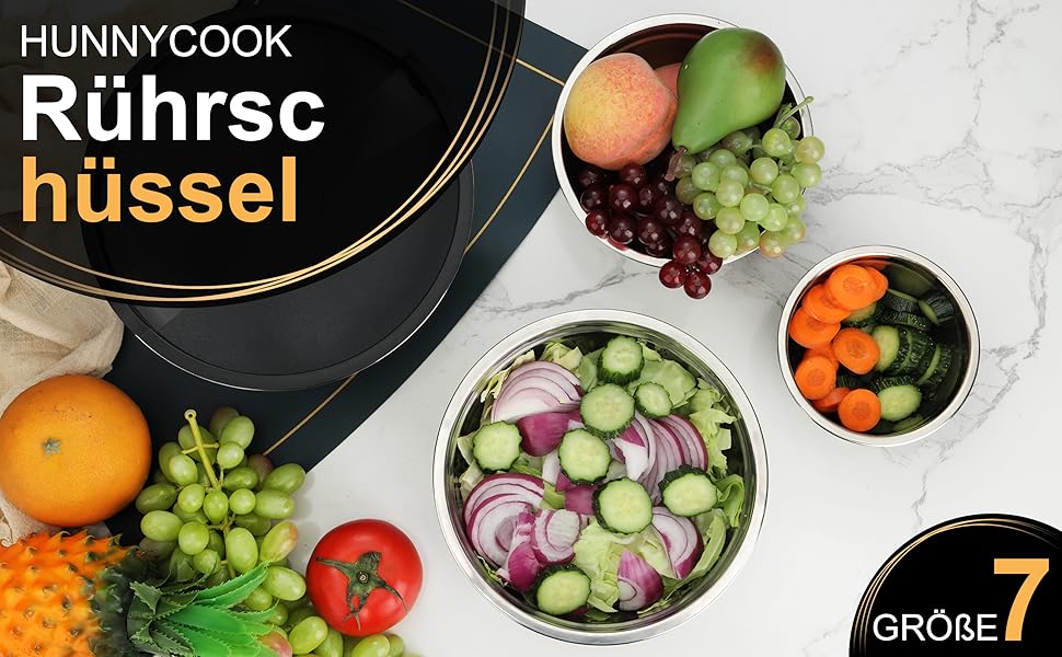 Набір місок для перемішування Hunnycook, 7 шт., нержавіюча сталь, з кришкою, для салатів, миття в посудомийній машині, 5L, 4.5L, 4L, 2.4L, 1.7L, 1.25L, 0.8L, сріблястий