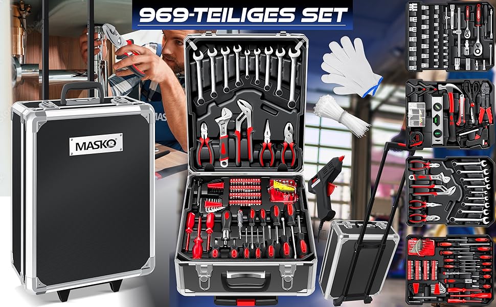 Набір інструментів MASKO 1400 предметів в алюмінієвому кейсі на колесах для дому, авто та хобі - професійний візок для інструментів