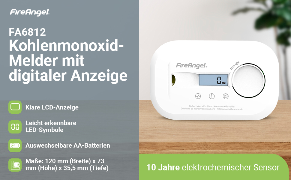 Портативний детектор чадного газу FireAngel FA6812 з LCD-дисплеєм, датчик CO
