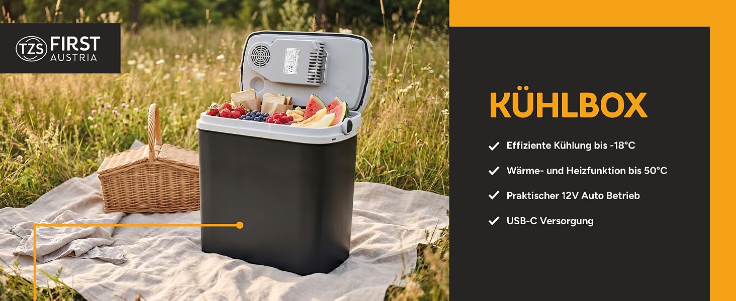 Автомобільний холодильник/термос First Austria 24L з USB-C PD 3.0 (52W) - для авто та кемпінгу, чорний/сірий