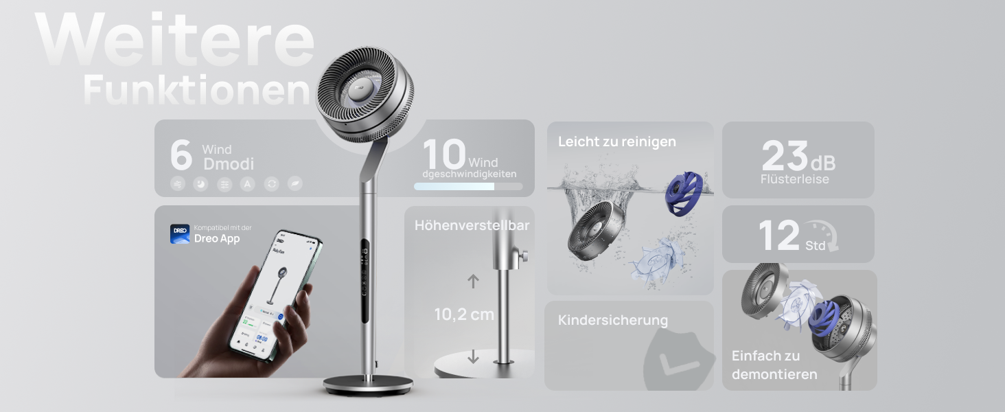 Вентилятор Dreo з інтелектуальним керуванням, 101.6-111.8 см, регульована висота, тихий DC вентилятор для спальні, 120°+85° осциляція, 30.5 м³/хв, срібний