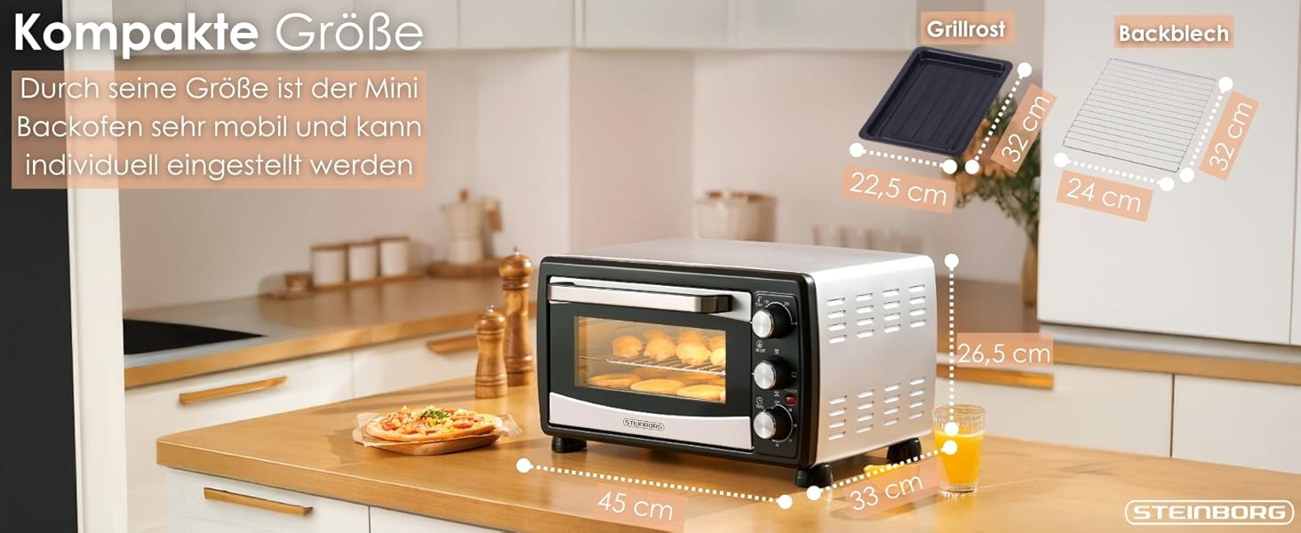 Міні-піч Steinborg® з конвекцією 20 літрів: піч для піци, крихти, конвекція, верхнє та нижнє нагрівання, 1400 Вт, таймер, для кемпінгу або дому