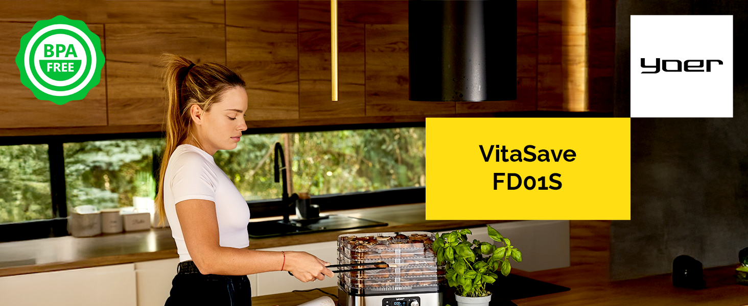 Дорівка для продуктів VitaSave FD01S з нержавіючої сталі, 450W, 6 ящиків, 9 аксесуарів, 4725 см², таймер 24 год, LED-дисплей, BPA-free, для фруктів та сухофруктів