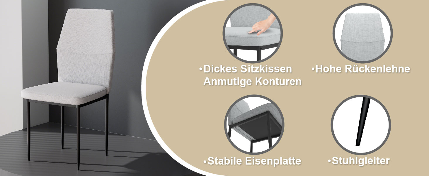 Стілець для їдальні GOLDFAN (4 шт.) з льоновим покриттям, сірий - сучасний кухонний, м'який стілець для вітальні з металевими ніжками